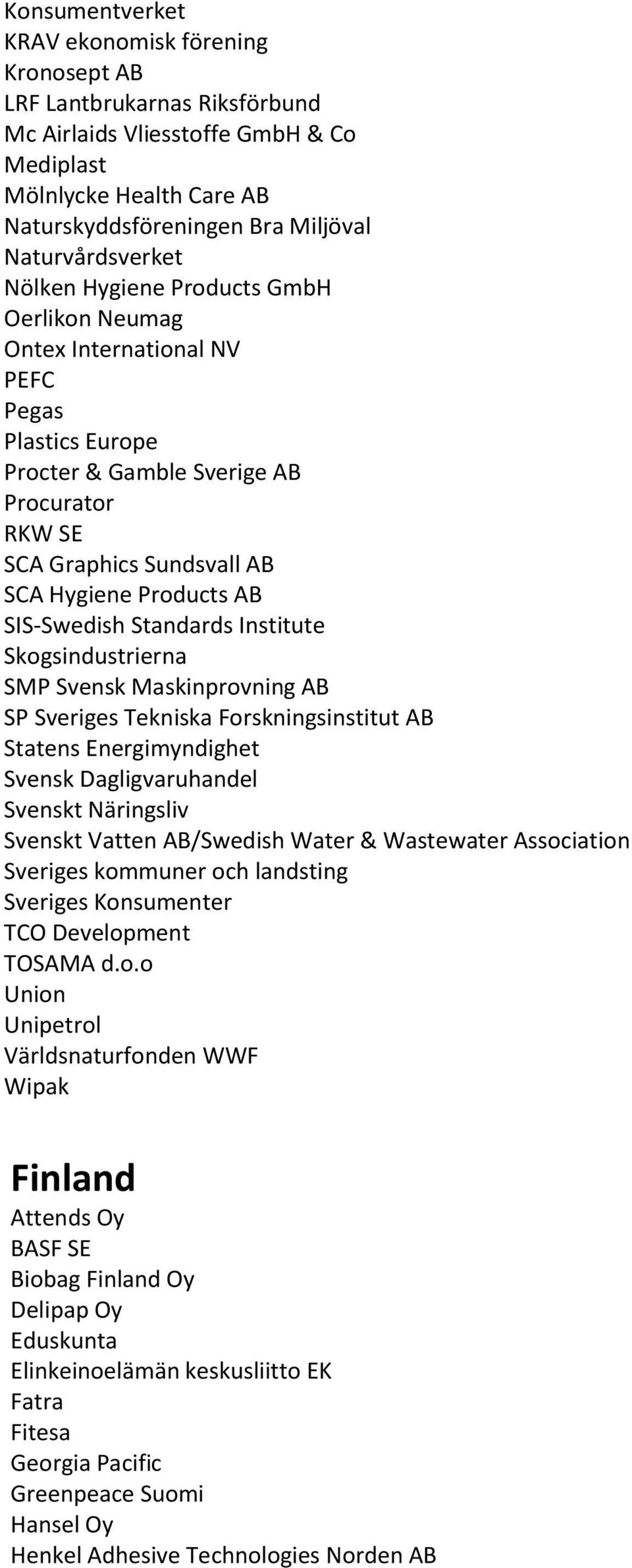 Products AB SIS-Swedish Standards Institute Skogsindustrierna SMP Svensk Maskinprovning AB SP Sveriges Tekniska Forskningsinstitut AB Statens Energimyndighet Svensk Dagligvaruhandel Svenskt