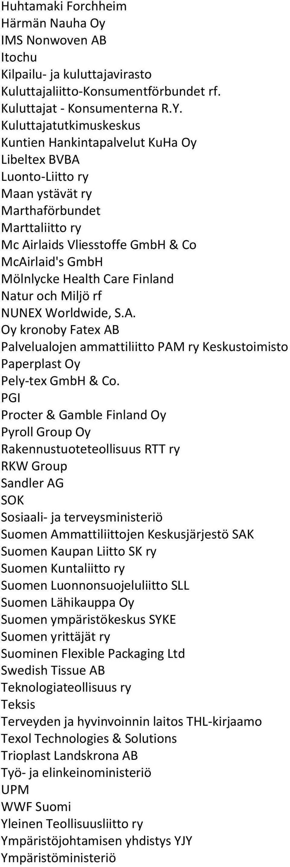 Health Care Finland Natur och Miljö rf NUNEX Worldwide, S.A. Oy kronoby Fatex AB Palvelualojen ammattiliitto PAM ry Keskustoimisto Paperplast Oy Pely-tex GmbH & Co.