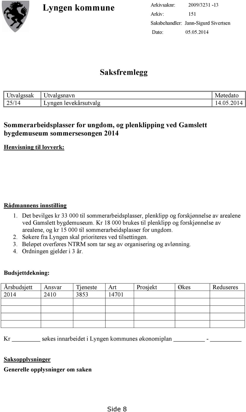 Det bevilges kr 33 000 til sommerarbeidsplasser, plenklipp og forskjønnelse av arealene ved Gamslett bygdemuseum.