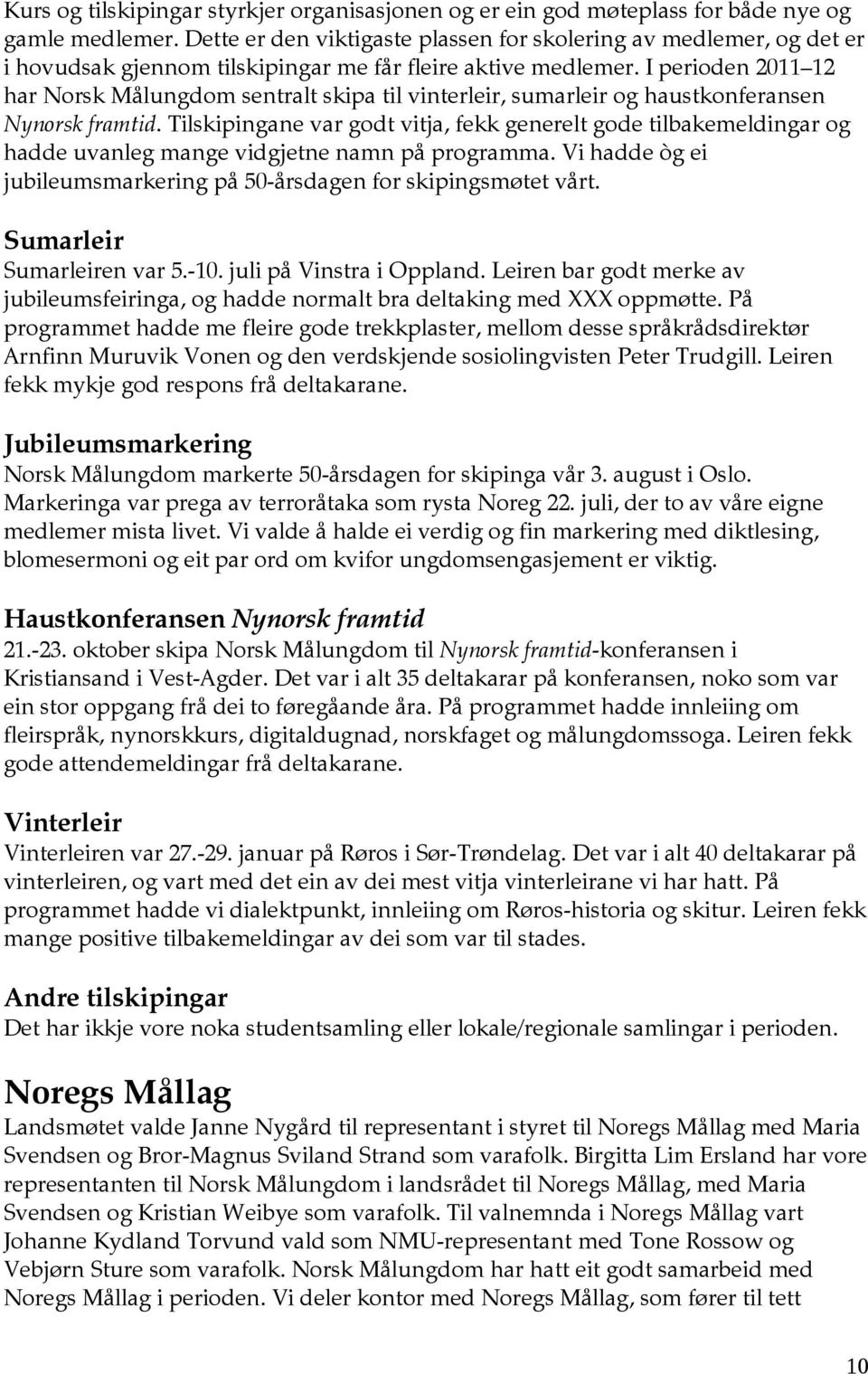 I perioden 2011 12 har Norsk Målungdom sentralt skipa til vinterleir, sumarleir og haustkonferansen Nynorsk framtid.