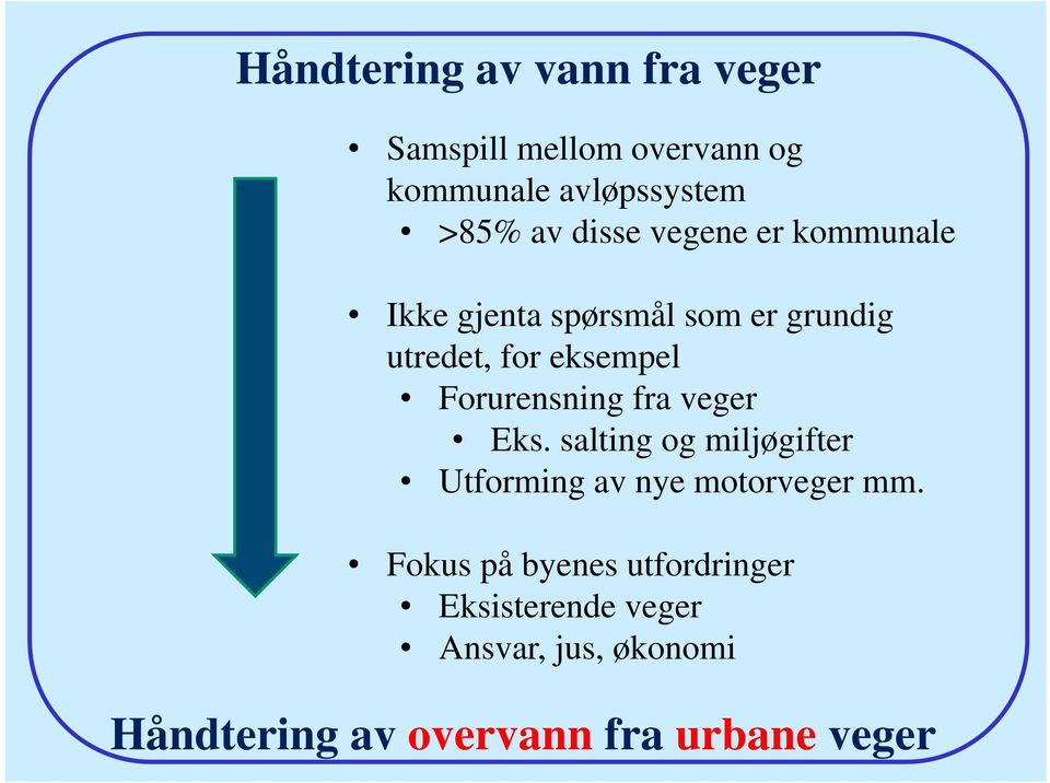 Forurensning fra veger Eks. salting og miljøgifter Utforming av nye motorveger mm.