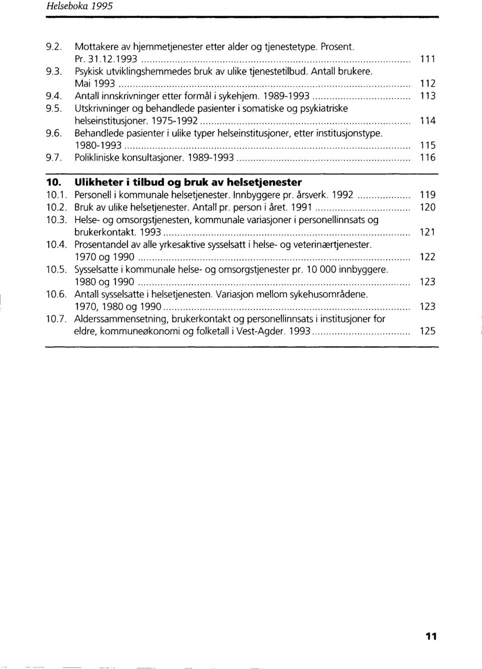 Behandlede pasienter i ulike typer helseinstitusjoner, etter institusjonstype. 1980-1993 115 9.7. Polikliniske konsultasjoner. 1989-1993 116 10. Ulikheter i tilbud og bruk av helsetjenester 10.1. Personell i kommunale helsetjenester.