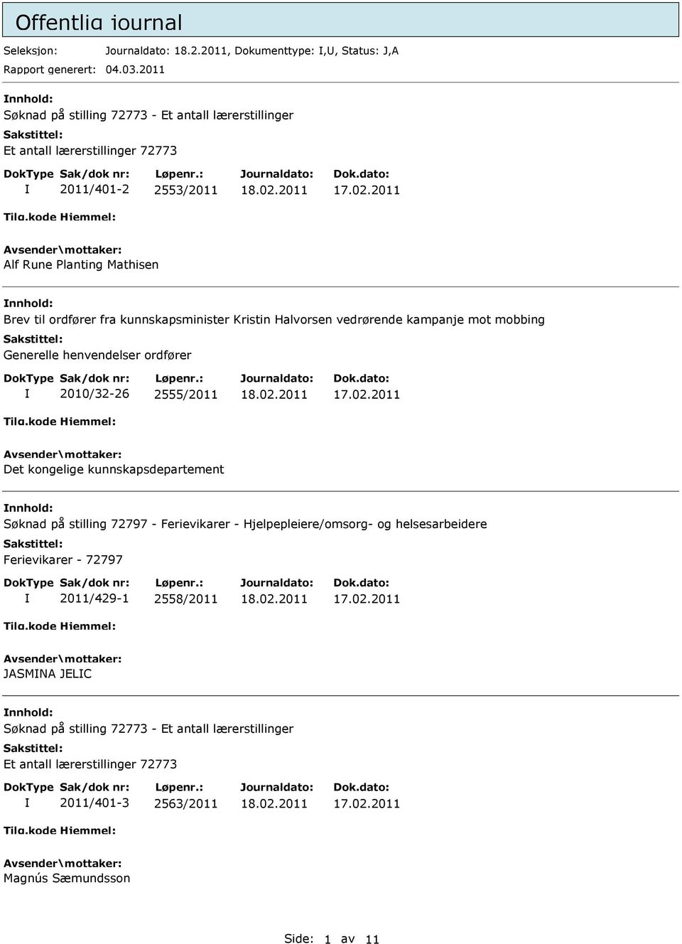 kunnskapsminister Kristin Halvorsen vedrørende kampanje mot mobbing Generelle henvendelser ordfører 2010/32-26 2555/2011 Det kongelige kunnskapsdepartement nnhold: Søknad på