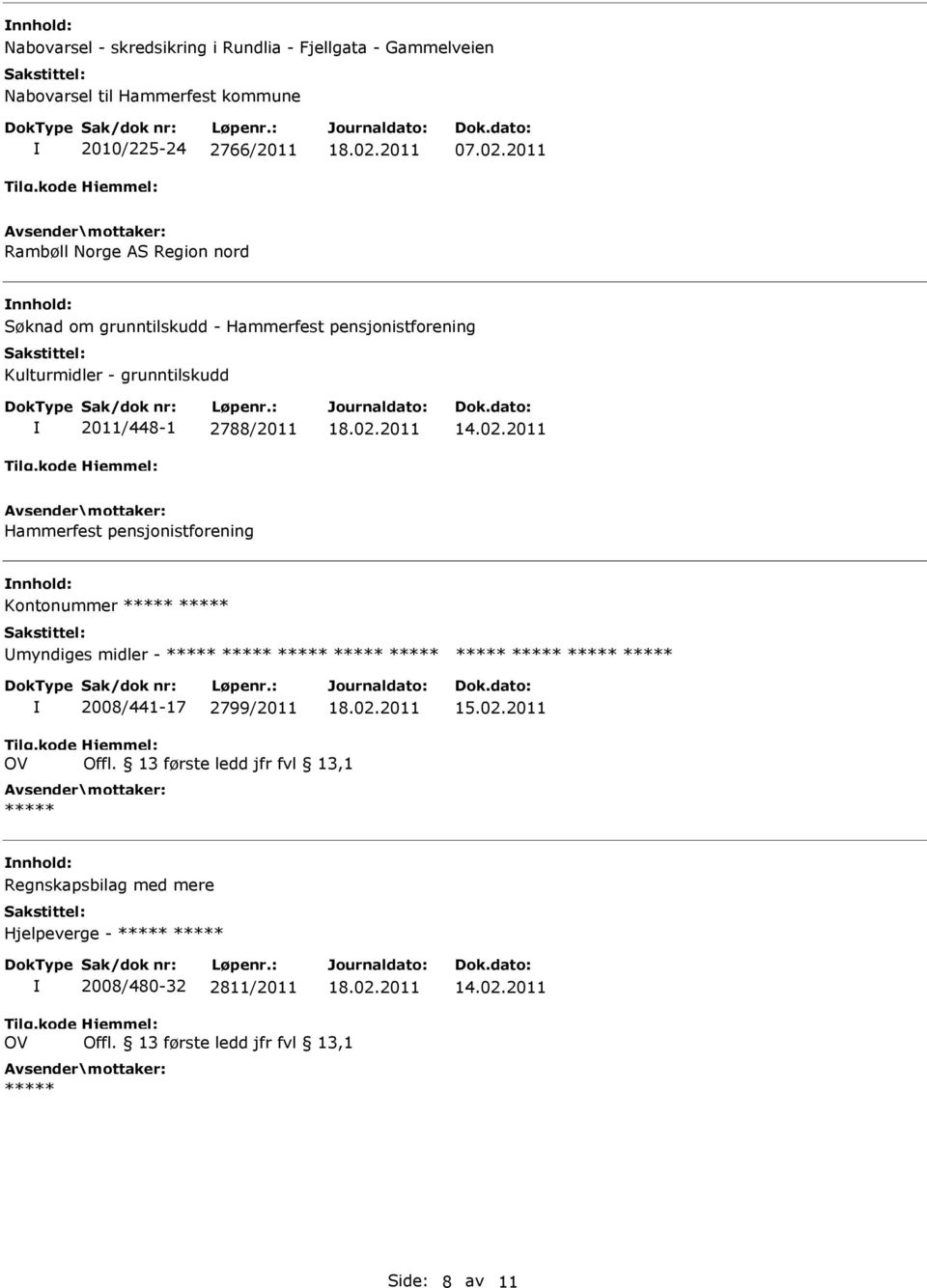 2011 Hammerfest pensjonistforening nnhold: Kontonummer ***** ***** myndiges midler - ***** ***** ***** ***** ***** ***** ***** ***** ***** 2008/441-17