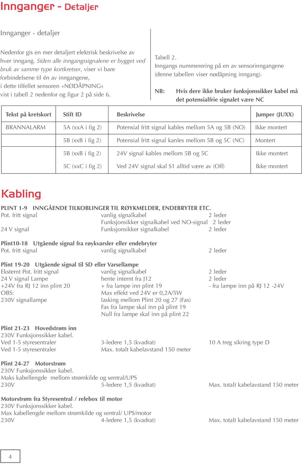 på side 6. Tabell 2. Inngangs nummerering på en av sensorinngangene (denne tabellen viser nødåpning inngang).