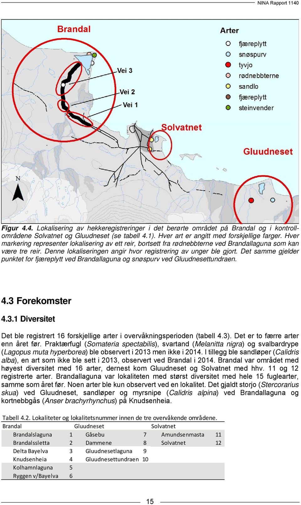 Det samme gjelder punktet for fjæreplytt ved Brandallaguna og snøspurv ved Gluudnesettundraen. 4.3 12BForekomster 4.3.1 17BDiversitet Det ble registrert 16 forskjellige arter i overvåkningsperioden (tabell 4.