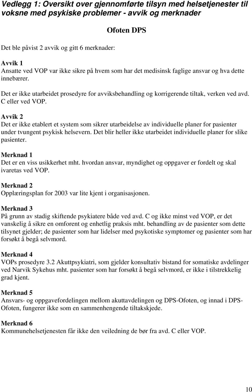 Avvik 2 Det er ikke etablert et system som sikrer utarbeidelse av individuelle planer for pasienter under tvungent psykisk helsevern.