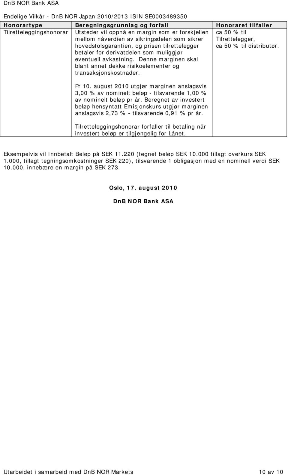 ca 50 % til Tilrettelegger, ca 50 % til distributør. Pr 10. august 2010 utgjør marginen anslagsvis 3,00 % av nominelt beløp - tilsvarende 1,00 % av nominelt beløp pr år.