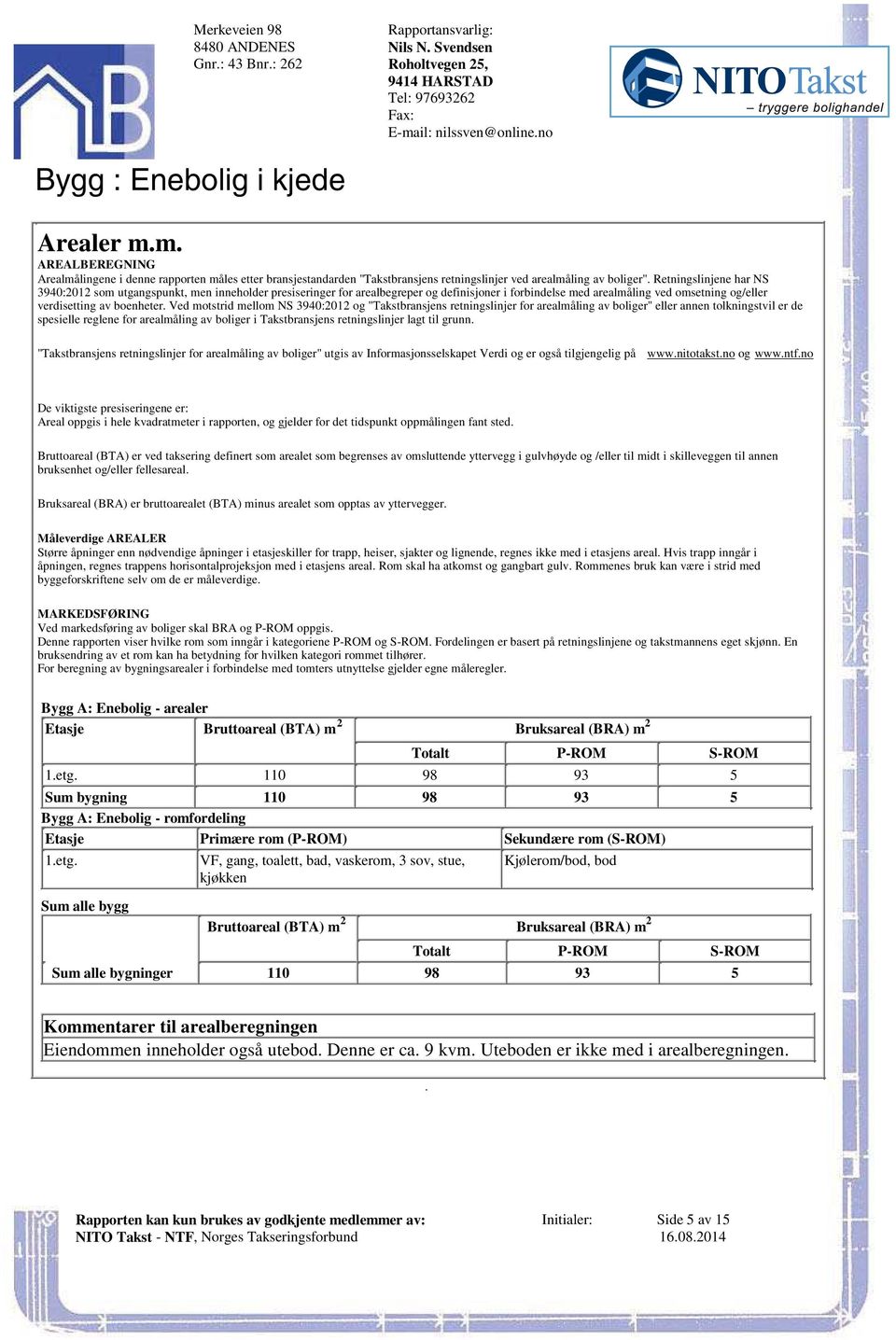 inneholder presiseringer for arealbegreper og definisjoner i forbindelse med arealmåling ved omsetning og/eller verdisetting av boenheter Ved motstrid mellom NS 3940:2012 og "Takstbransjens