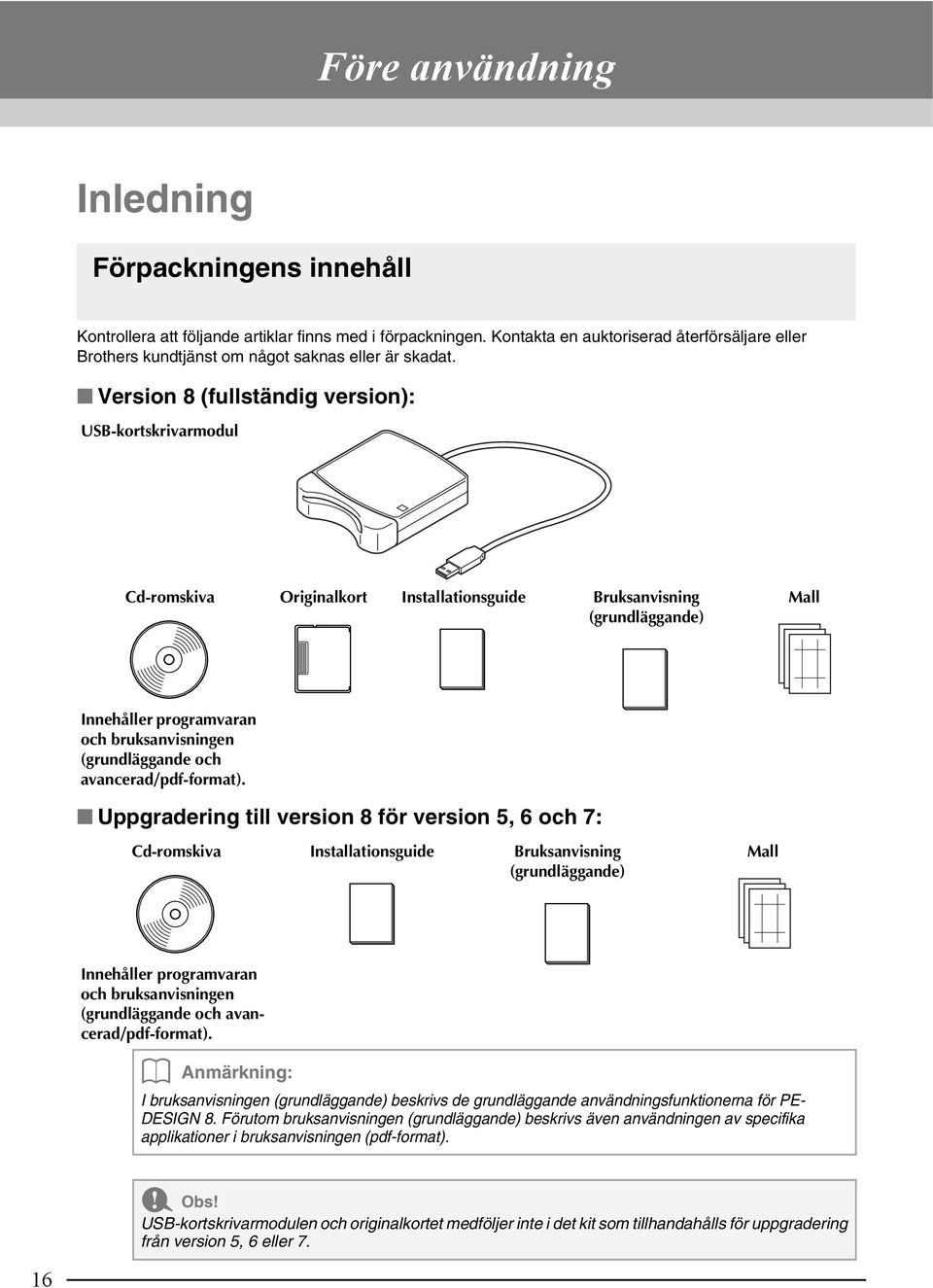 Version 8 (fullständig version): USB-kortskrivarmodul Cd-romskiva Originalkort Installationsguide Bruksanvisning (grundläggande) Mall Innehåller programvaran och bruksanvisningen (grundläggande och