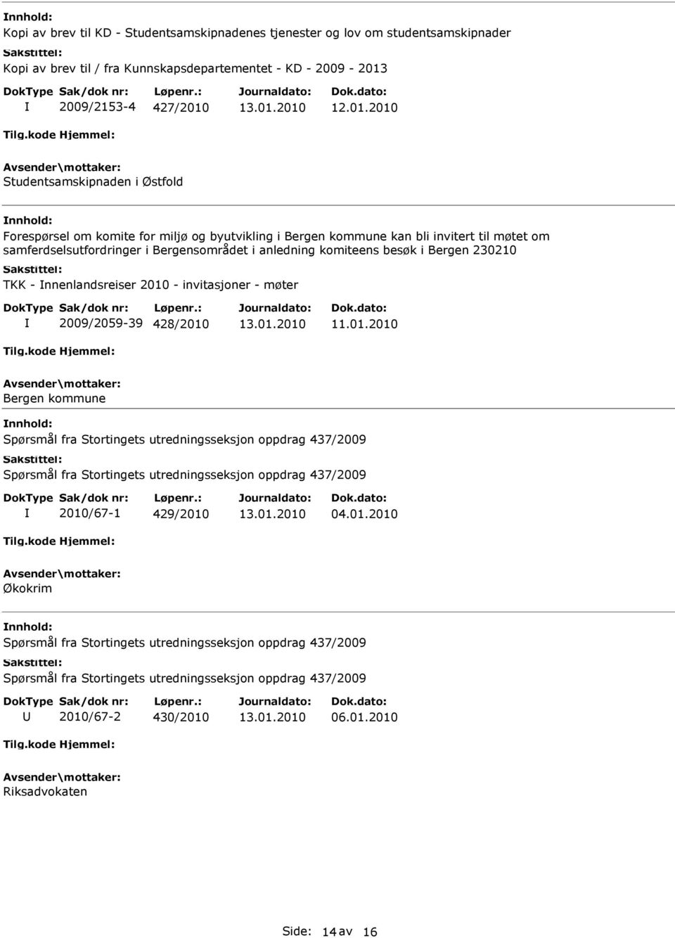 nnenlandsreiser 2010 - invitasjoner - møter 2009/2059-39 428/2010 11.01.2010 Bergen kommune Spørsmål fra Stortingets utredningsseksjon oppdrag 437/2009 Spørsmål fra Stortingets utredningsseksjon oppdrag 437/2009 2010/67-1 429/2010 04.