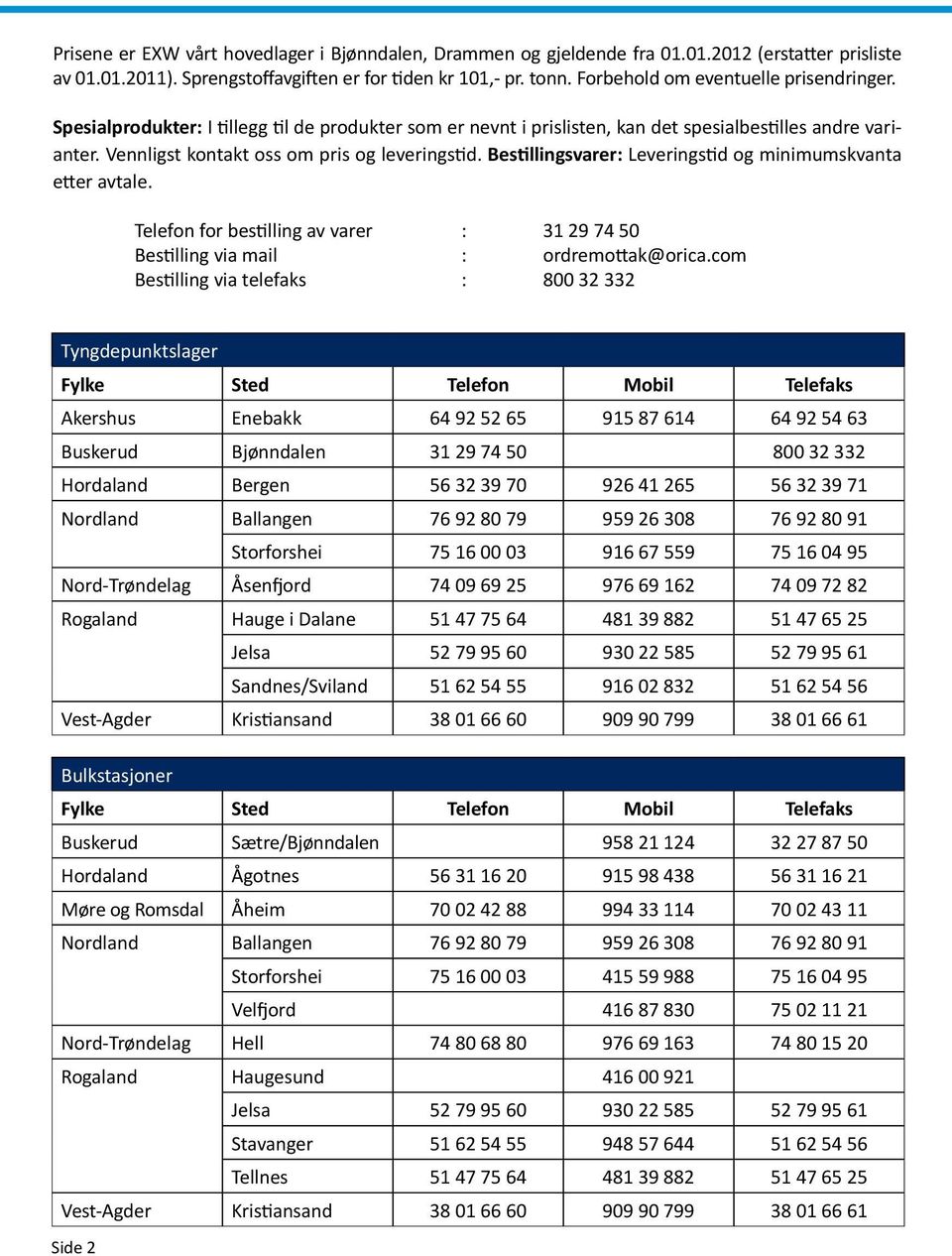 Bestillingsvarer: Leveringstid og minimumskvanta etter avtale. Telefon for bestilling av varer : 31 29 74 50 Bestilling via mail : ordremottak@orica.