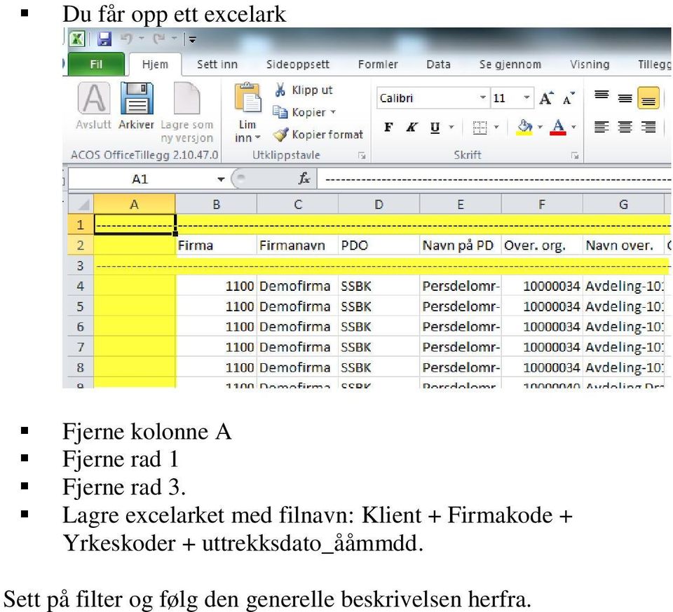 Lagre excelarket med filnavn: Klient + Firmakode +