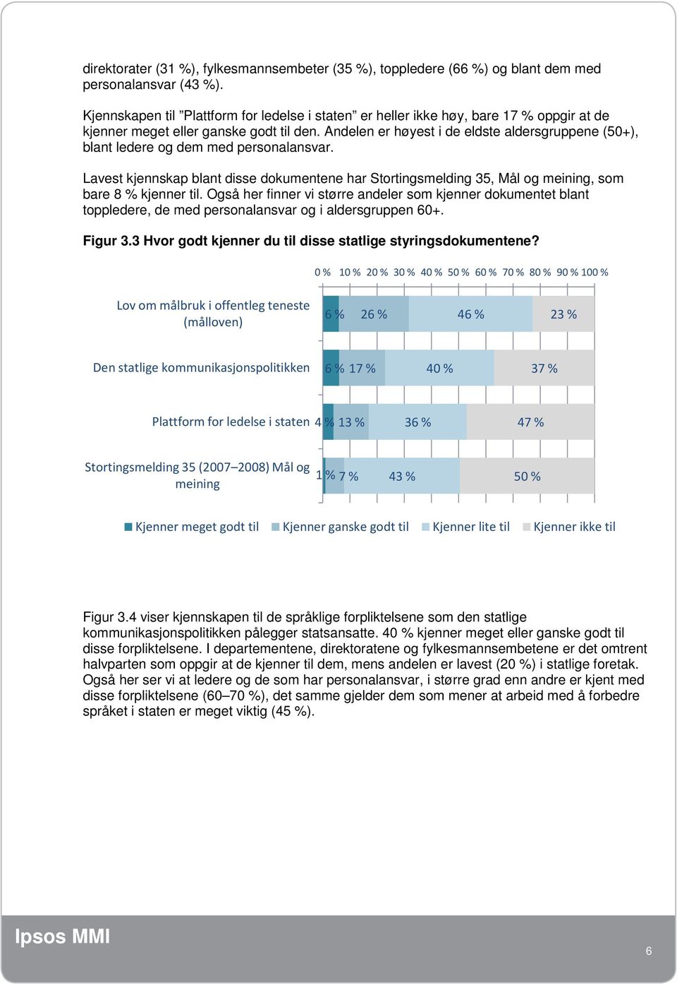 Andelen er høyest i de eldste aldersgruppene (50+), blant ledere og dem med personalansvar. Lavest kjennskap blant disse dokumentene har Stortingsmelding 35, Mål og meining, som bare 8 % kjenner til.