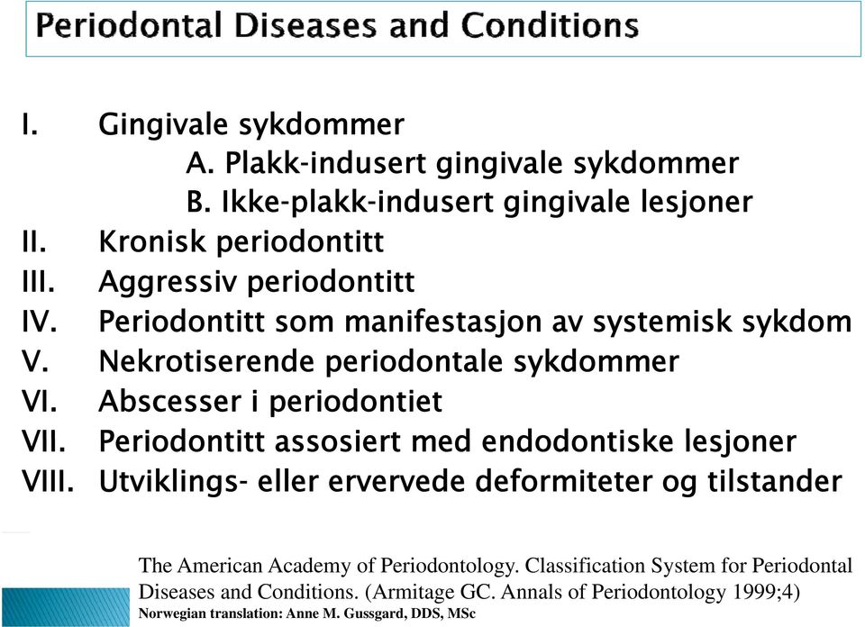 Abscesser i periodontiet VII. Periodontitt assosiert med endodontiske lesjoner VIII.