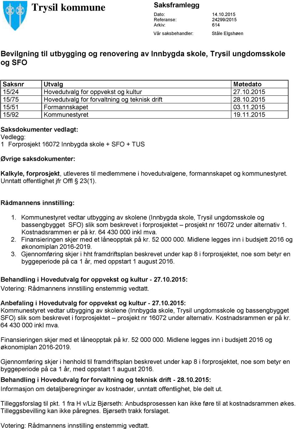 for oppvekst og kultur 27.10.2015 15/75 Hovedutvalg for forvaltning og teknisk drift 28.10.2015 15/51 Formannskapet 03.11.