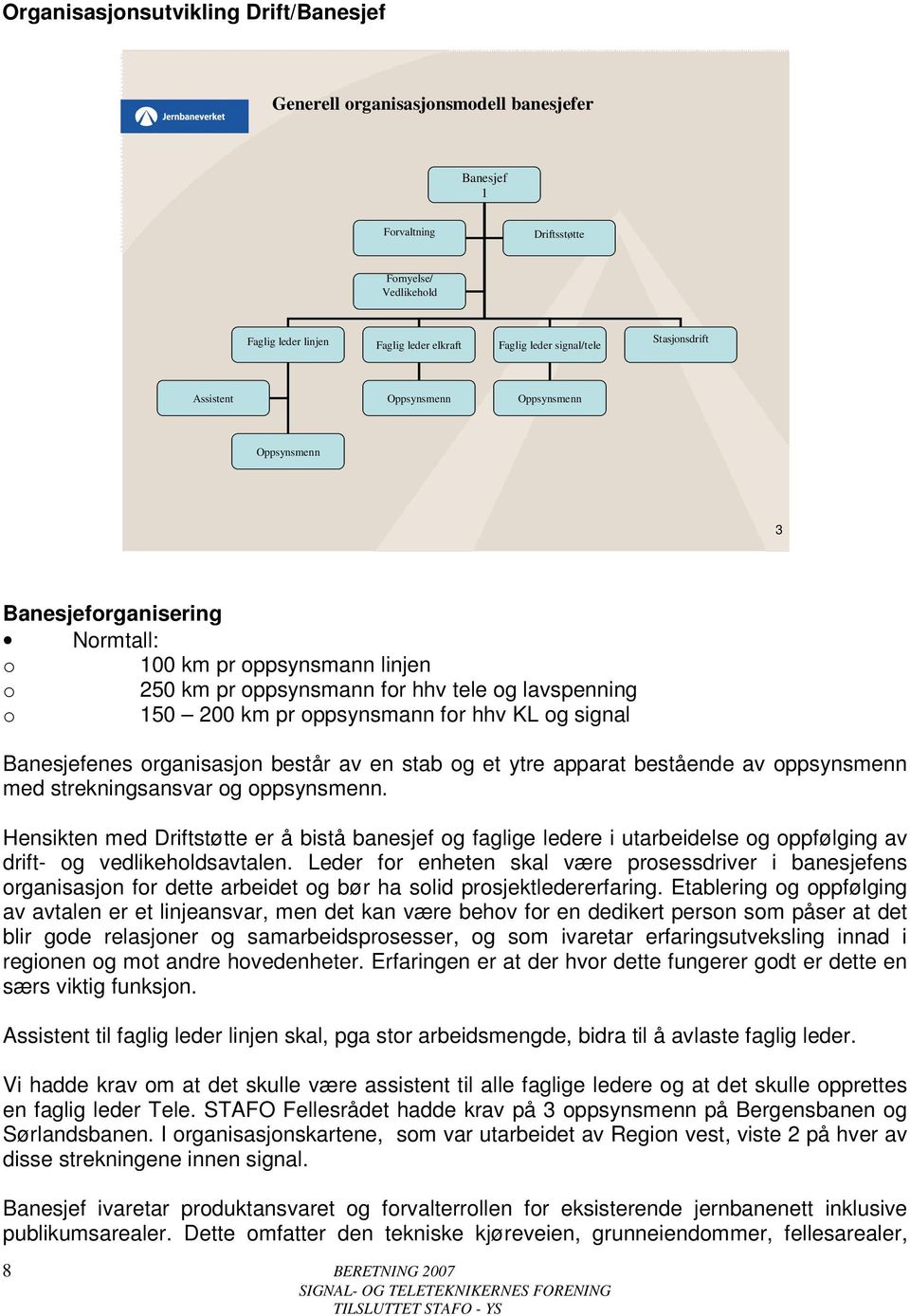 km pr oppsynsmann for hhv KL og signal Banesjefenes organisasjon består av en stab og et ytre apparat bestående av oppsynsmenn med strekningsansvar og oppsynsmenn.