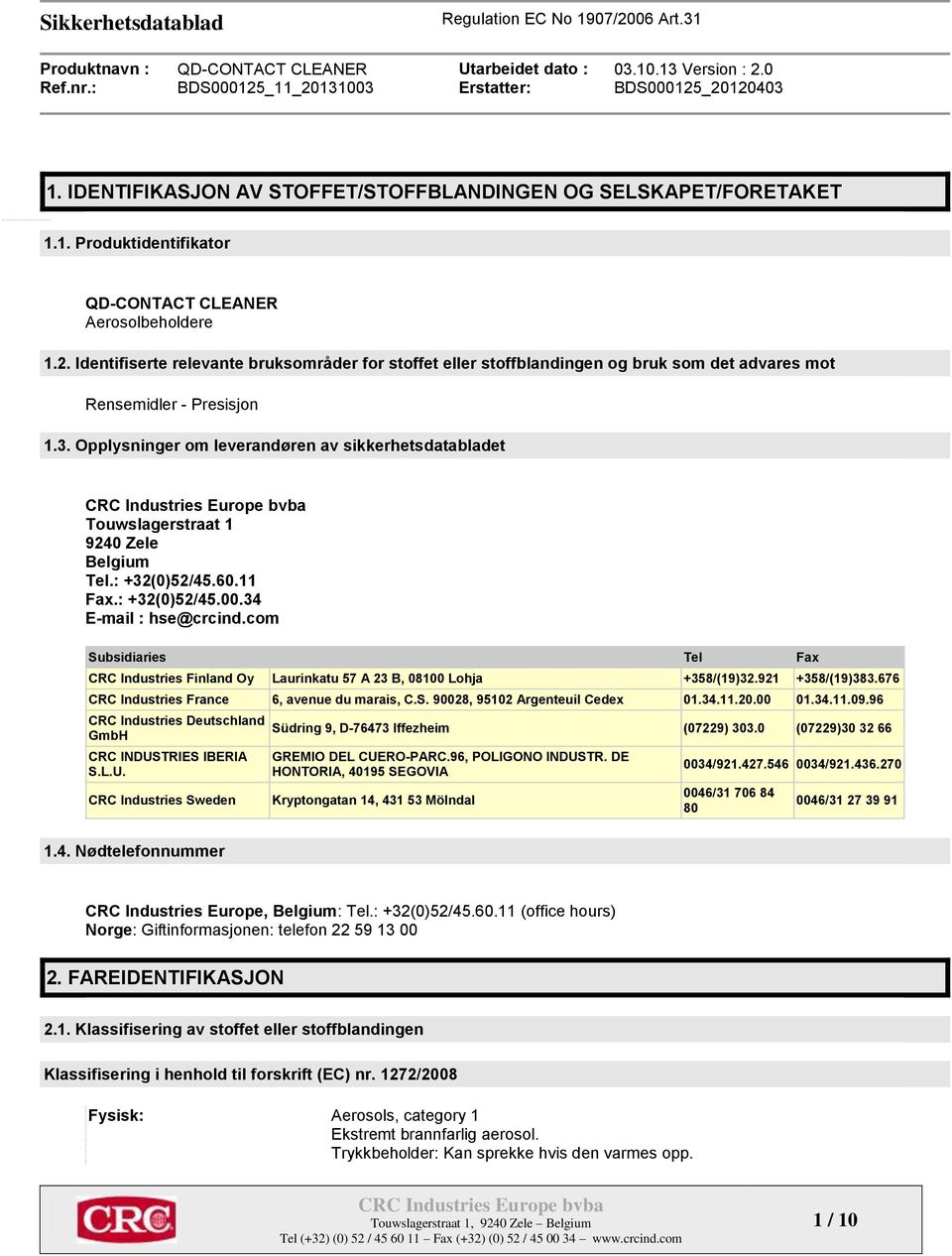 Opplysninger om leverandøren av sikkerhetsdatabladet Touwslagerstraat 1 9240 Zele Belgium Tel.: +32(0)52/45.60.11 Fax.: +32(0)52/45.00.34 E-mail : hse@crcind.