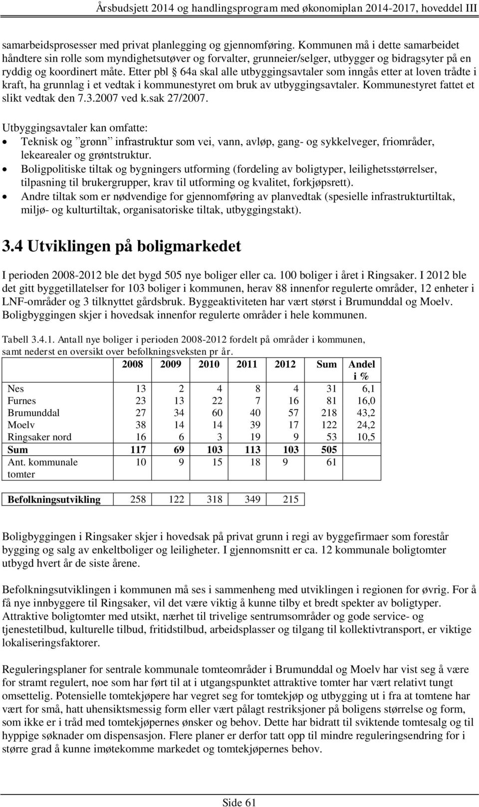 Etter pbl 64a skal alle utbyggingsavtaler som inngås etter at loven trådte i kraft, ha grunnlag i et vedtak i kommunestyret om bruk av utbyggingsavtaler. Kommunestyret fattet et slikt vedtak den 7.3.