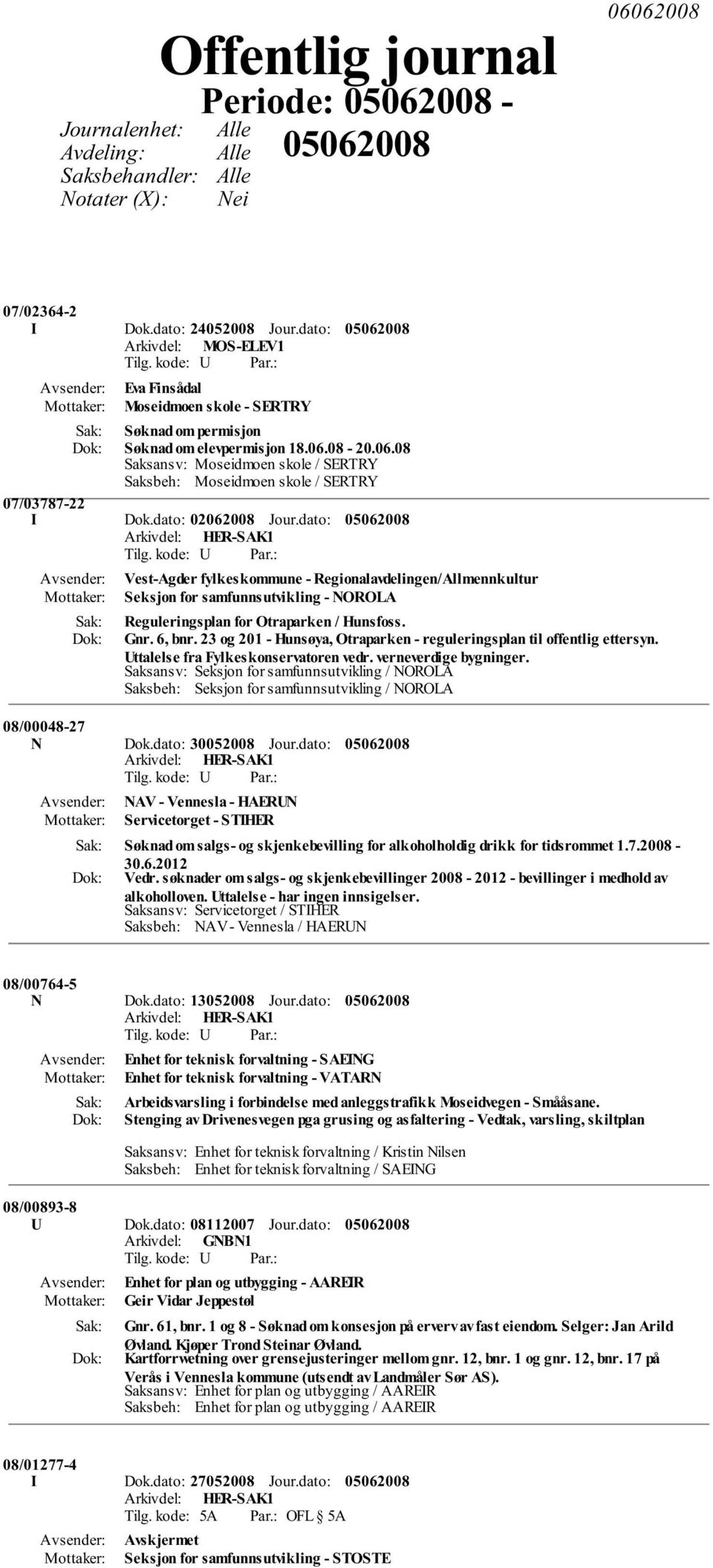 dato: Vest-Agder fylkeskommune - Regionalavdelingen/Allmennkultur Seksjon for samfunnsutvikling - NOROLA Reguleringsplan for Otraparken / Hunsfoss. Gnr. 6, bnr.