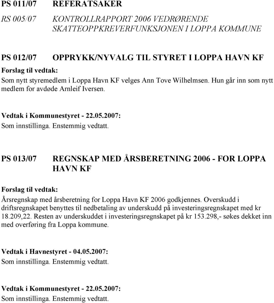 PS 013/07 REGNSKAP MED ÅRSBERETNING 2006 - FOR LOPPA HAVN KF Årsregnskap med årsberetning for Loppa Havn KF 2006 godkjennes.