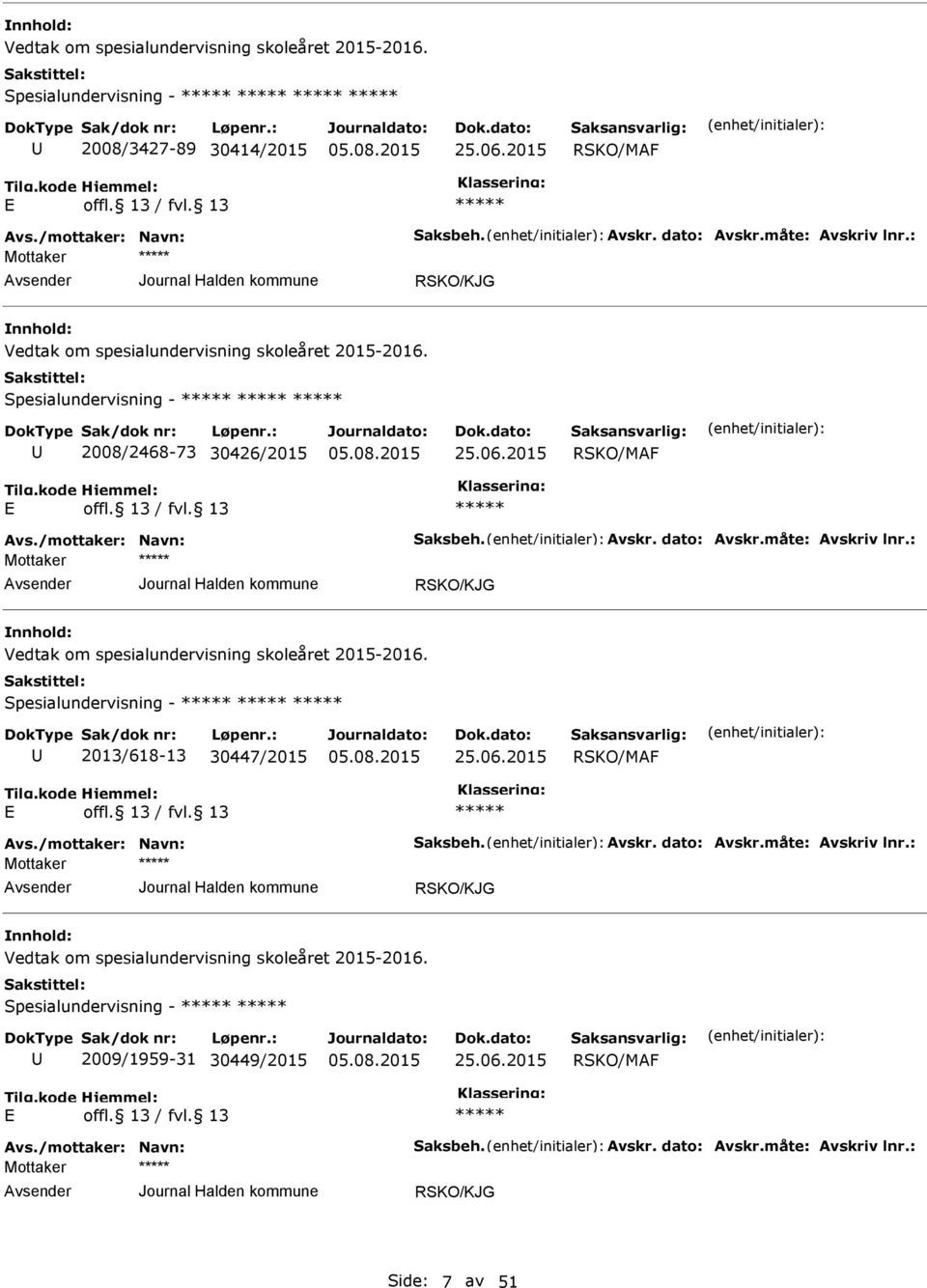 : Vedtak om spesialundervisning skoleåret 2015-2016. Spesialundervisning - 2013/618-13 30447/2015 RSKO/MF vs./mottaker: Navn: Saksbeh. vskr. dato: vskr.måte: vskriv lnr.