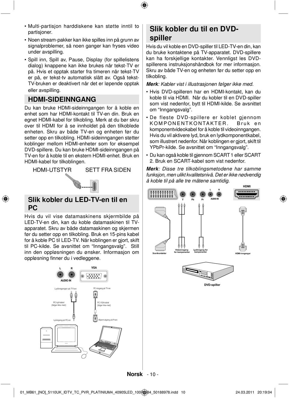 Også tekst- TV-bruken er deaktivert når det er løpende opptak eller avspilling. HDMI-SIDEINNGANG Du kan bruke HDMI-sideinngangen for å koble en enhet som har HDMI-kontakt til TV-en din.