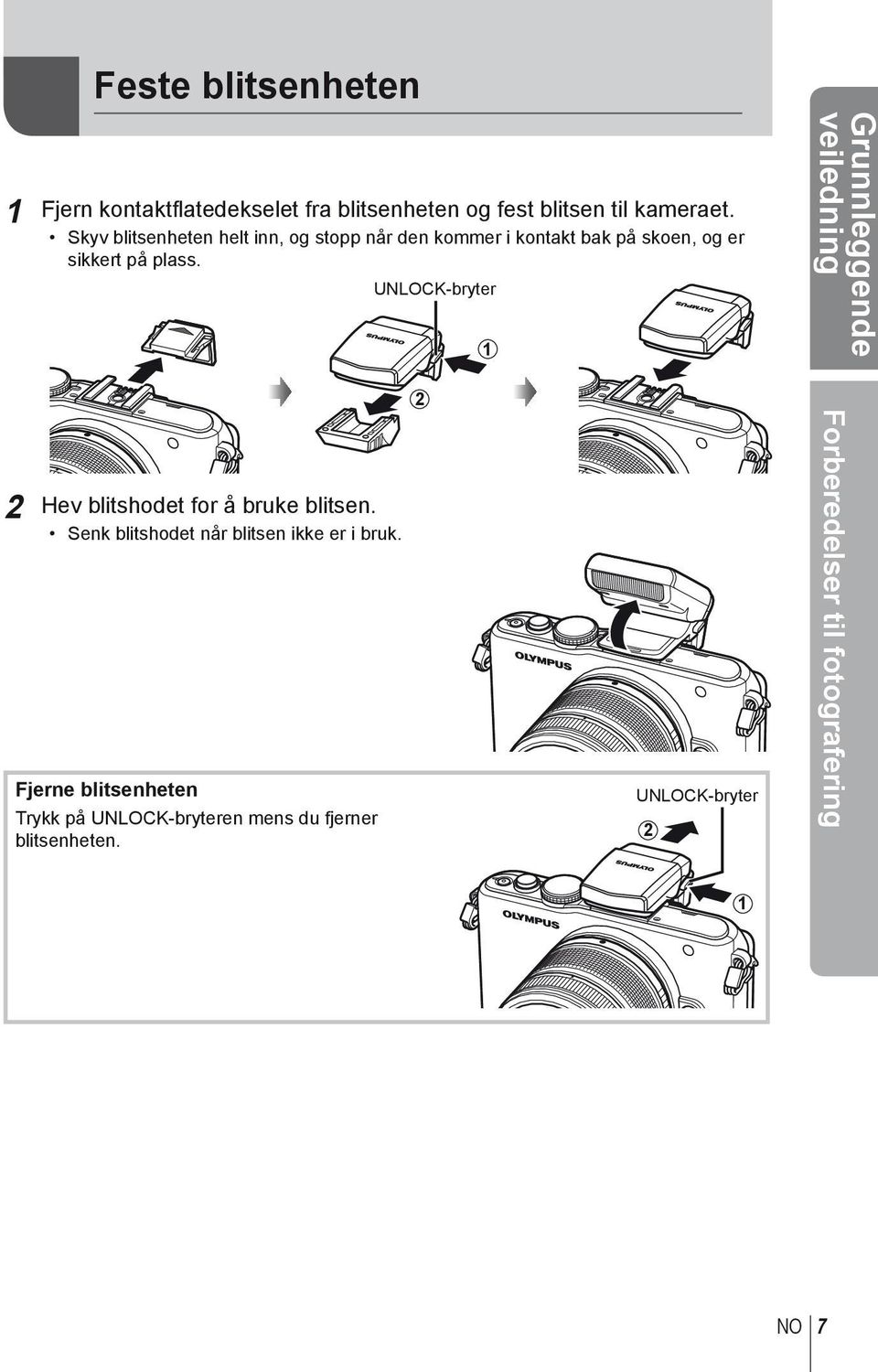 UNLOCK-bryter 1 Grunnleggende veiledning 2 Hev blitshodet for å bruke blitsen.