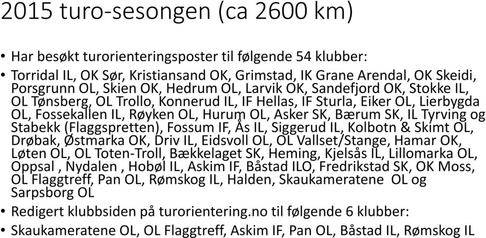 Stabekk (Flaggspretten), Fossum IF, Ås IL, Siggerud IL, Kolbotn & Skimt OL, Drøbak, Østmarka OK, Driv IL, Eidsvoll OL, OL Vallset/Stange, Hamar OK, Løten OL, OL Toten-Troll, Bækkelaget SK, Heming,