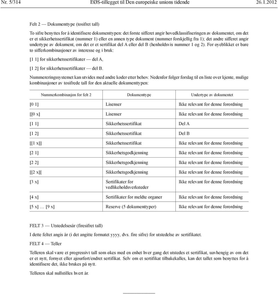 2012 Felt 2 Dokumenttype (tosifret tall) To sifre benyttes for å identifisere dokumenttypen: det første sifferet angir hovedklassifiseringen av dokumentet, om det er et sikkerhetssertifikat (nummer