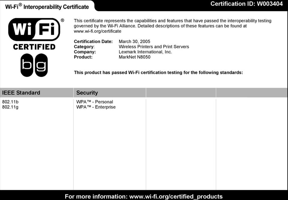 org/certificate Certification Date: March 30, 2005 Category: Wireless Printers and Print Servers Company: Lexmark International, Inc.