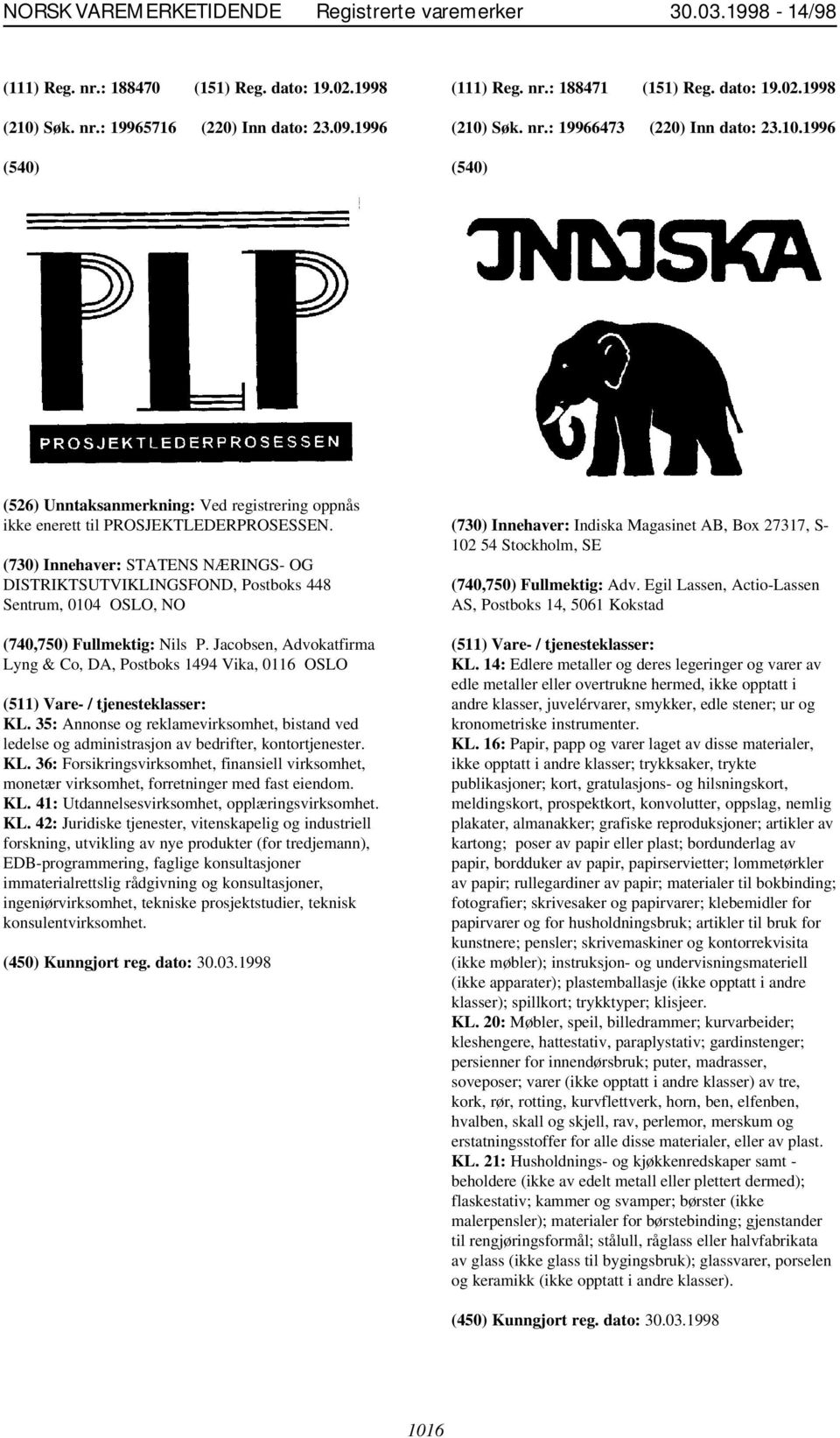 (730) Innehaver: STATENS NÆRINGS- OG DISTRIKTSUTVIKLINGSFOND, Postboks 448 Sentrum, 0104 OSLO, NO (740,750) Fullmektig: Nils P. Jacobsen, Advokatfirma Lyng & Co, DA, Postboks 1494 Vika, 0116 OSLO KL.