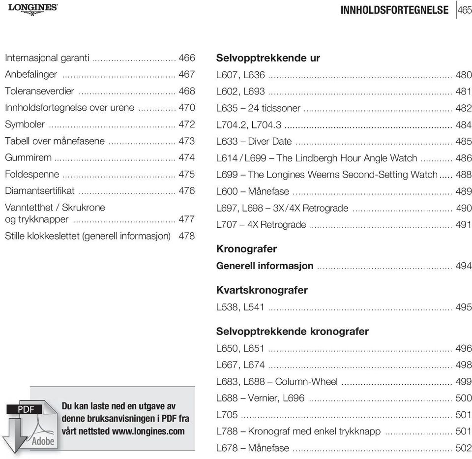 .. 481 L635 24 tidssoner... 482 L704.2, L704.3... 484 L633 Diver Date... 485 L614 / L699 The Lindbergh Hour Angle Watch... 486 L699 The Longines Weems Second-Setting Watch... 488 L600 Månefase.