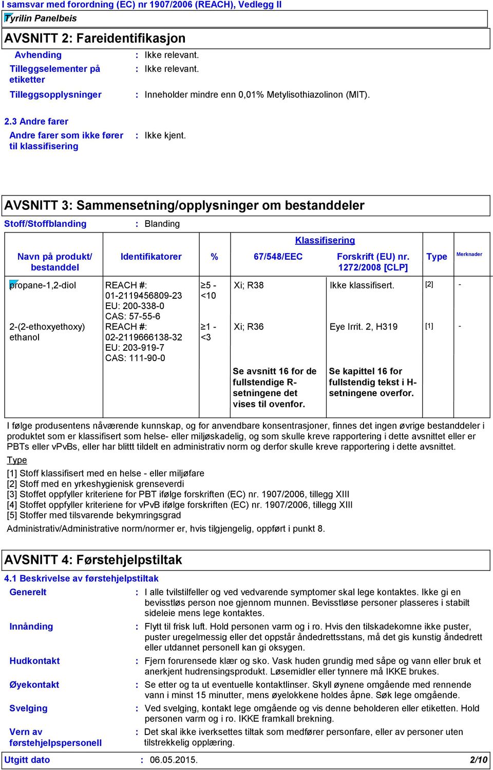 3 Andre farer Andre farer som ikke fører til klassifisering AVSNITT 3 Sammensetning/opplysninger om bestanddeler Stoff/Stoffblanding Navn på produkt/ bestanddel Blanding Identifikatorer