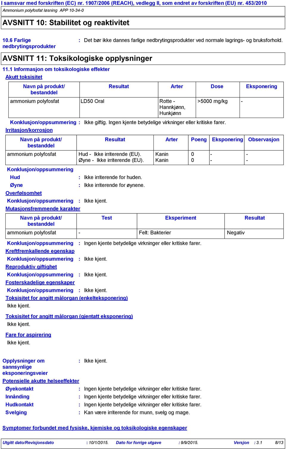 Irritasjon/korrosjon Navn på produkt/ bestanddel ammonium polyfosfat Hud Ikke irriterende (EU). Kanin 0 Øyne Ikke irriterende (EU).