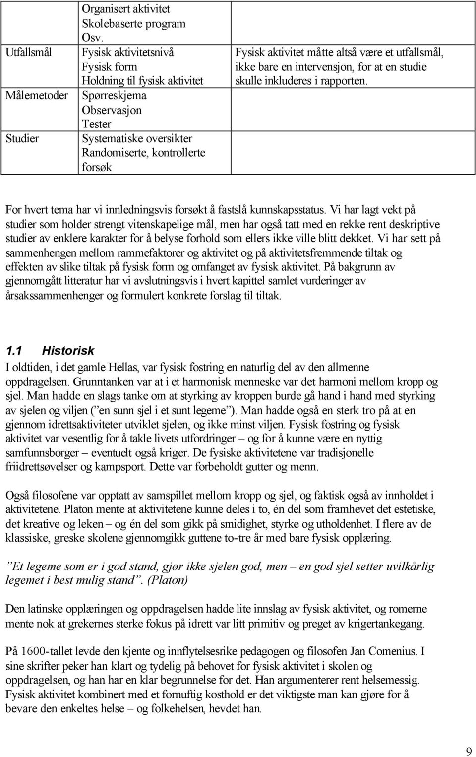 utfallsmål, ikke bare en intervensjon, for at en studie skulle inkluderes i rapporten. For hvert tema har vi innledningsvis forsøkt å fastslå kunnskapsstatus.