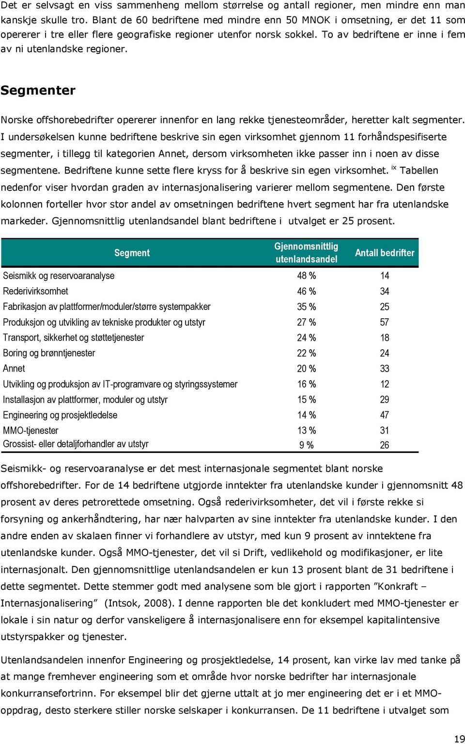 To av bedriftene er inne i fem av ni utenlandske regioner. Segmenter Norske offshorebedrifter opererer innenfor en lang rekke tjenesteområder, heretter kalt segmenter.