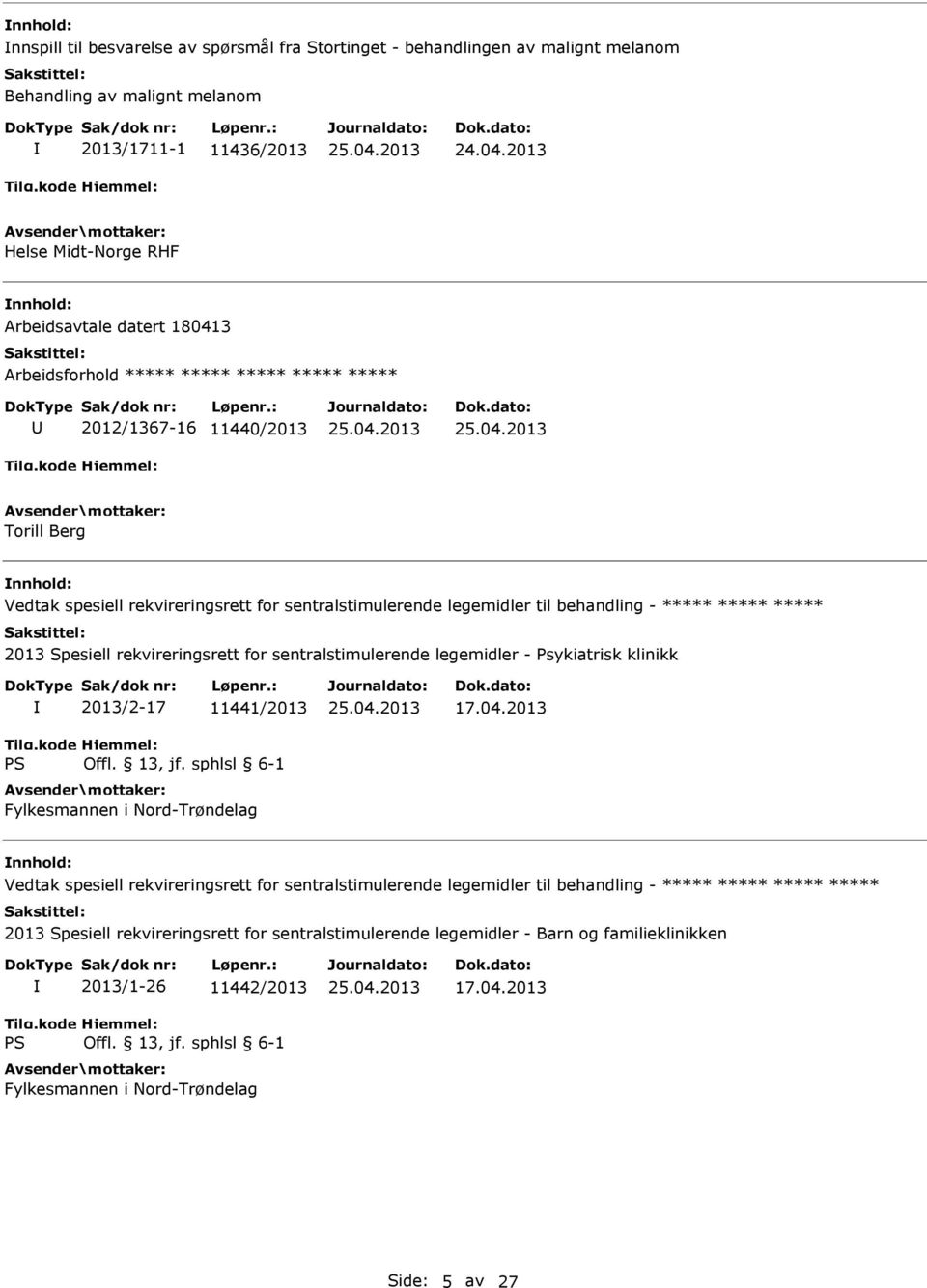 ***** 2013 Spesiell rekvireringsrett for sentralstimulerende legemidler - Psykiatrisk klinikk 2013/2-17 11441/2013 Fylkesmannen i Nord-Trøndelag 17.04.