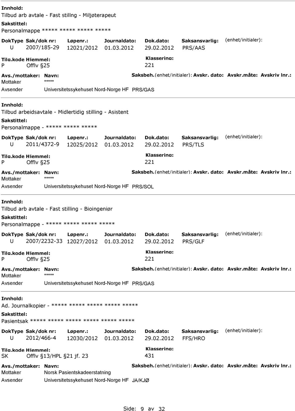 Bioingeniør ersonalmappe - ***** ***** ***** ***** 2007/2232-33 12027/2012 RS/GLF niversitetssykehuset Nord-Norge HF RS/GAS Ad.