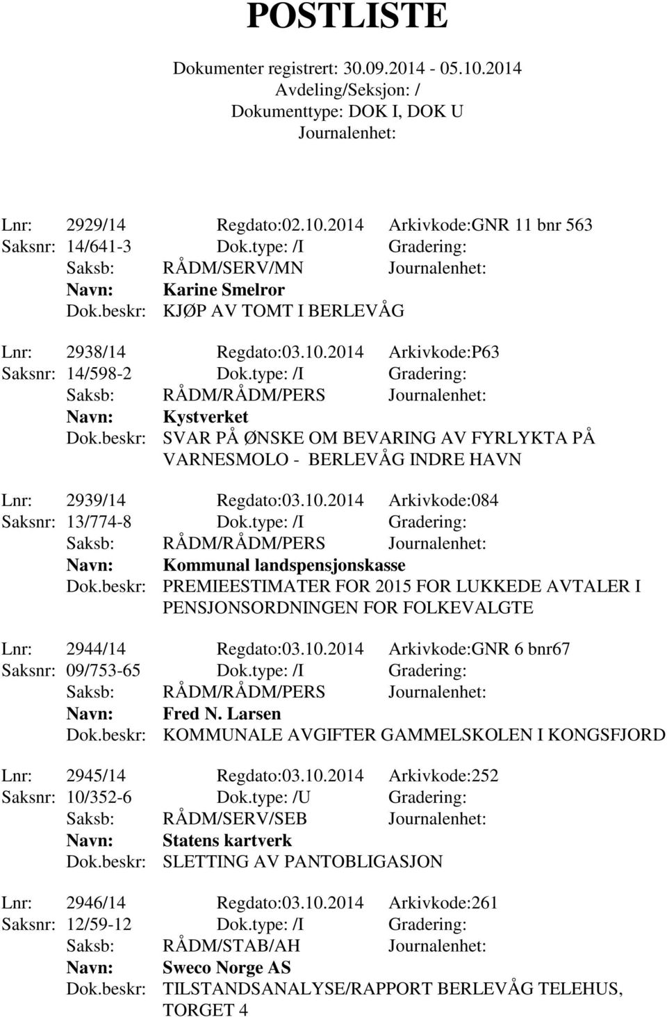 type: /I Gradering: Navn: Kommunal landspensjonskasse Dok.beskr: PREMIEESTIMATER FOR 2015 FOR LUKKEDE AVTALER I PENSJONSORDNINGEN FOR FOLKEVALGTE Lnr: 2944/14 Regdato:03.10.