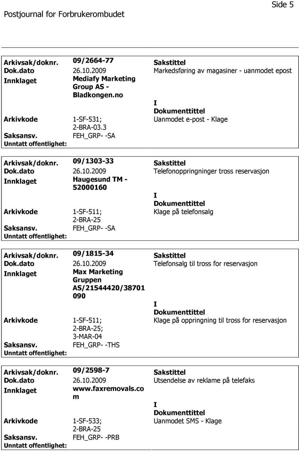 2009 Telefonoppringninger tross reservasjon nnklaget Haugesund TM - 52000160 1-SF-511; Klage på telefonsalg FEH_GRP- -SA Arkivsak/doknr. 09/1815-34 Sakstittel Dok.dato 26.10.