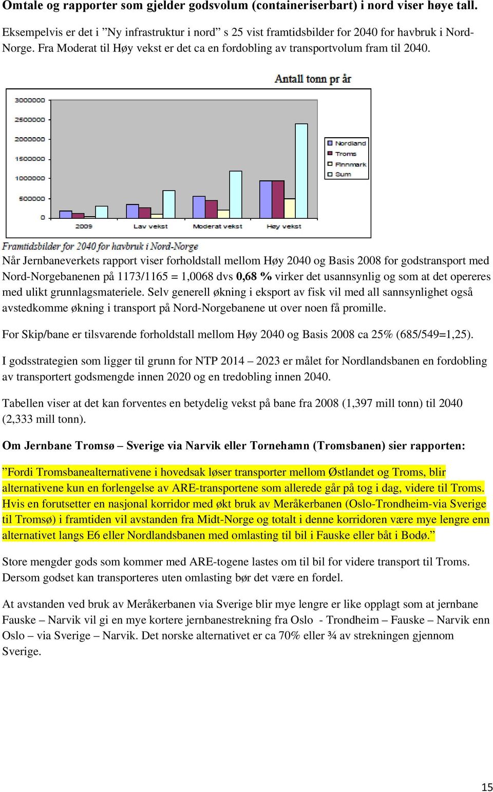 Når Jernbaneverkets rapport viser forholdstall mellom Høy 2040 og Basis 2008 for godstransport med Nord-Norgebanenen på 1173/1165 = 1,0068 dvs 0,68 % virker det usannsynlig og som at det opereres med