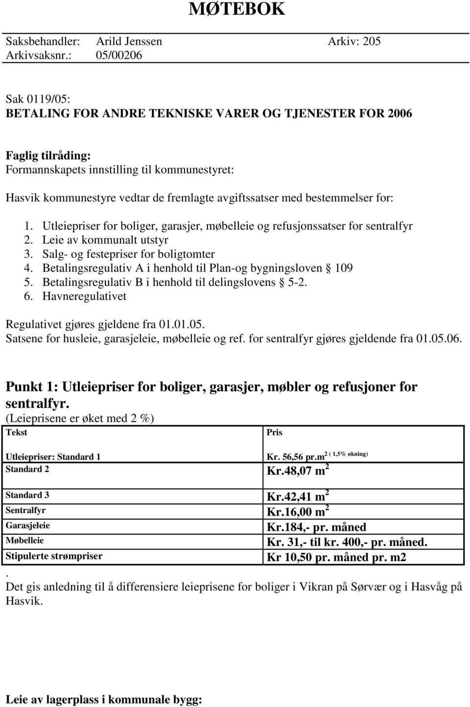 med bestemmelser for: 1. Utleiepriser for boliger, garasjer, møbelleie og refusjonssatser for sentralfyr 2. Leie av kommunalt utstyr 3. Salg- og festepriser for boligtomter 4.