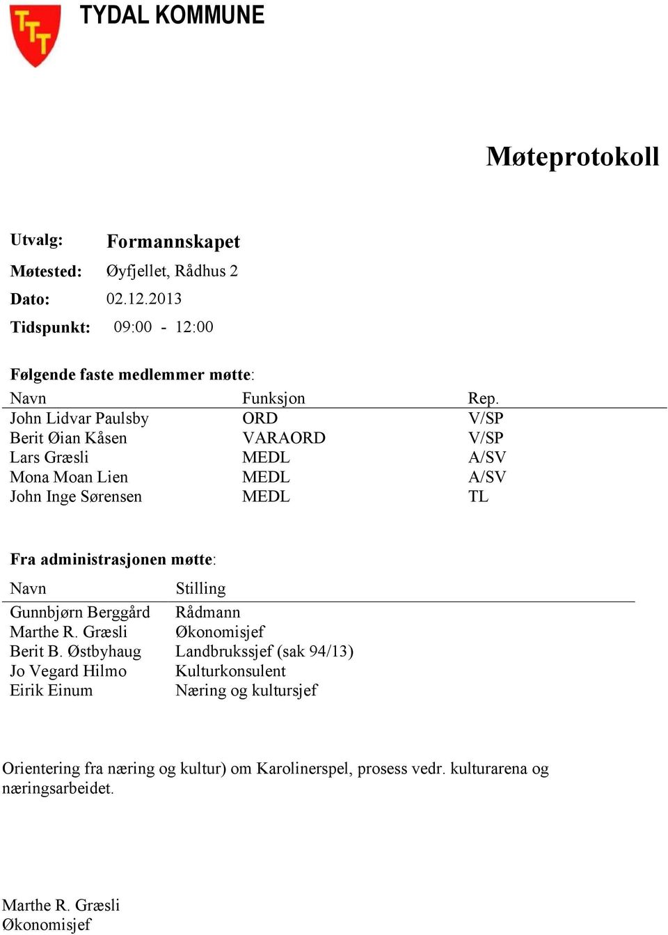 John Lidvar Paulsby ORD V/SP Berit Øian Kåsen VARAORD V/SP Lars Græsli MEDL A/SV Mona Moan Lien MEDL A/SV John Inge Sørensen MEDL TL Fra administrasjonen