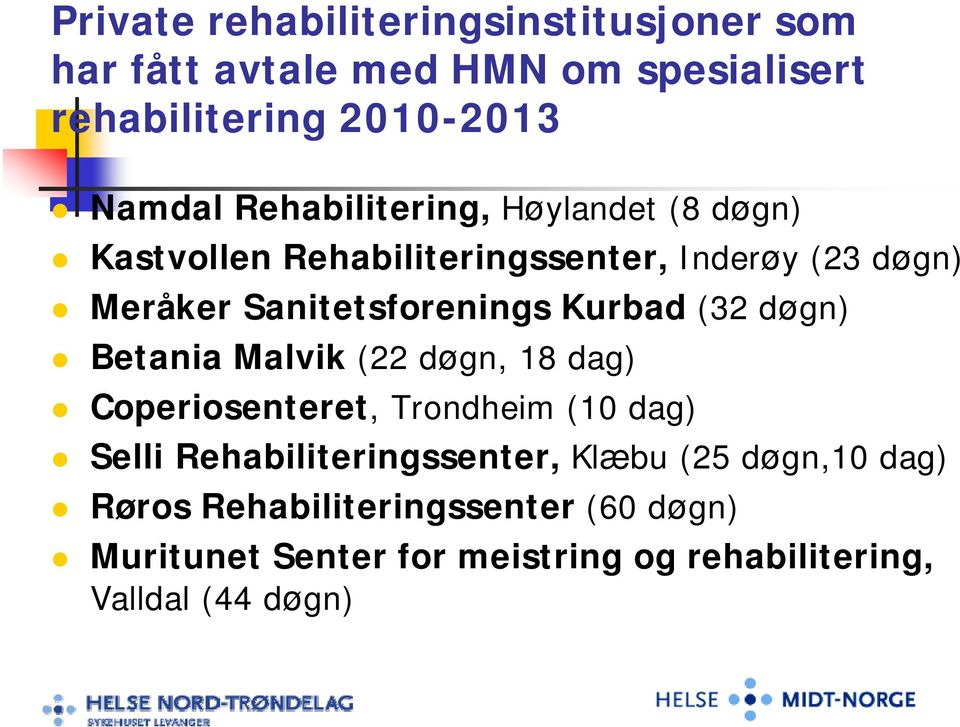 Kurbad (32 døgn) Betania Malvik (22 døgn, 18 dag) Coperiosenteret, Trondheim (10 dag) Selli Rehabiliteringssenter,