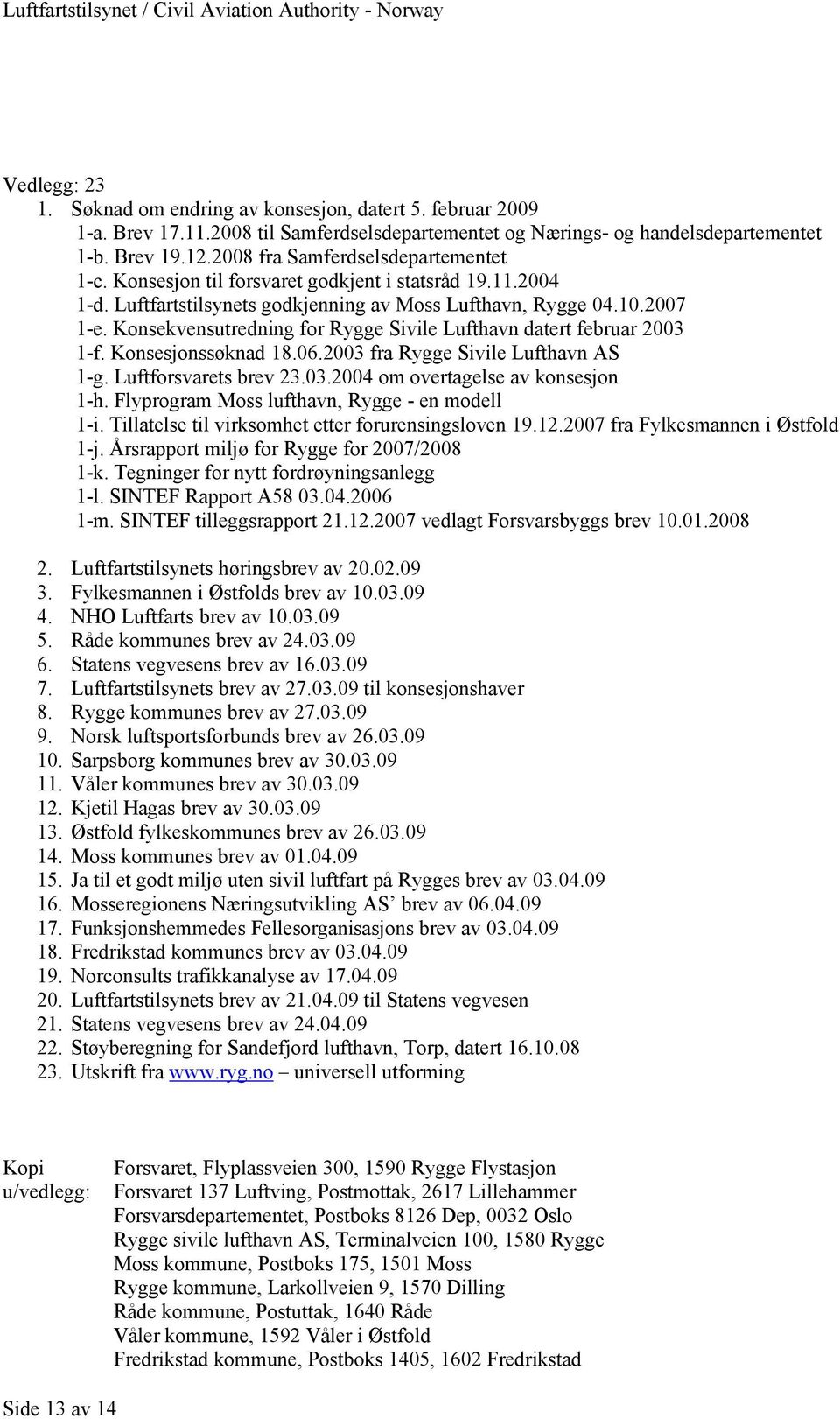 Konsekvensutredning for Rygge Sivile Lufthavn datert februar 2003 1-f. Konsesjonssøknad 18.06.2003 fra Rygge Sivile Lufthavn AS 1-g. Luftforsvarets brev 23.03.2004 om overtagelse av konsesjon 1-h.