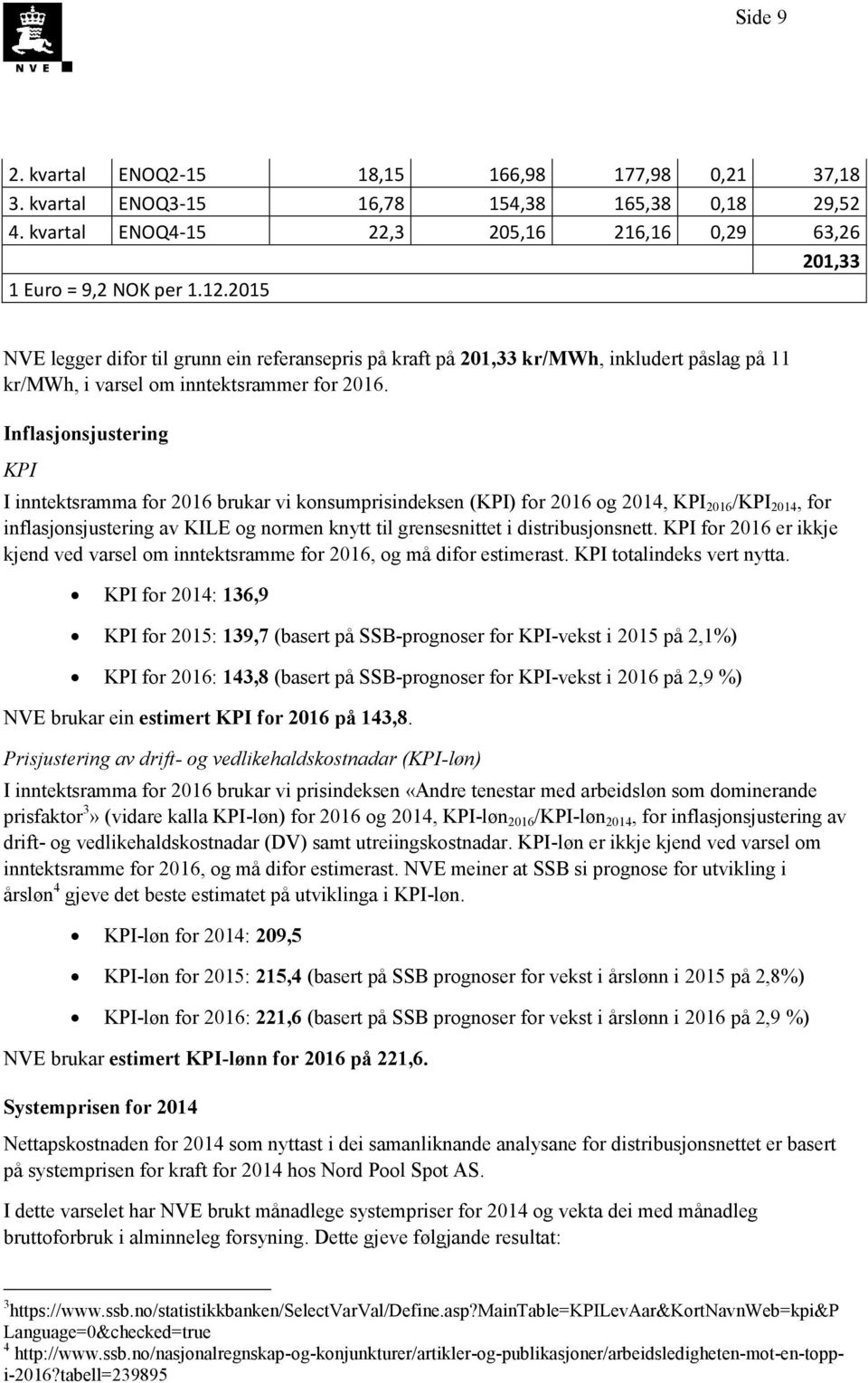 Inflasjonsjusering KPI I inneksramma for 2016 brukar vi konsumprisindeksen (KPI) for 2016 og 2014, KPI 2016 /KPI 2014, for inflasjonsjusering av KILE og normen kny il grensesnie i disribusjonsne.