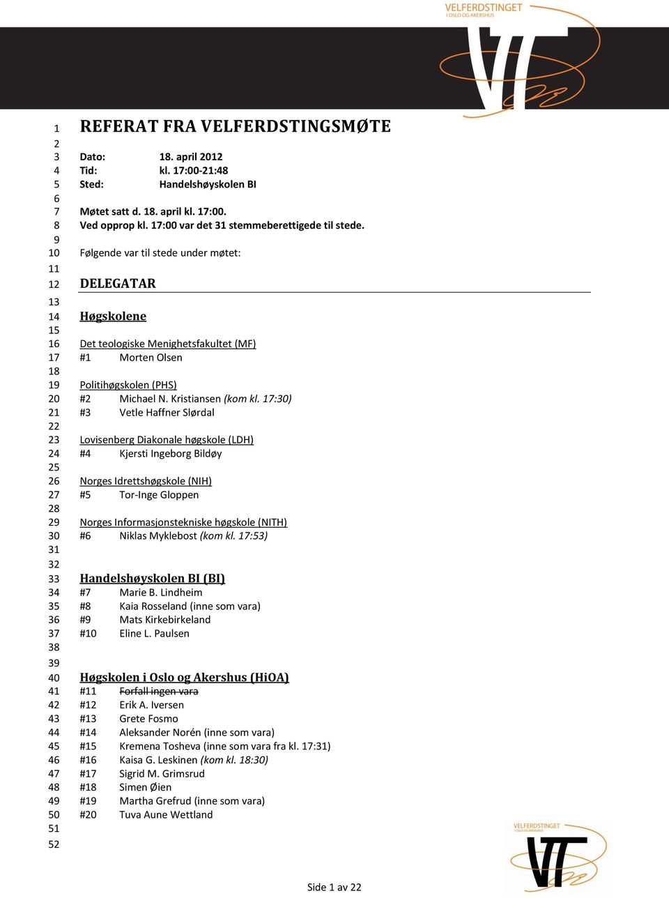 Følgende var til stede under møtet: DELEGATAR Høgskolene Det teologiske Menighetsfakultet (MF) #1 Morten Olsen Politihøgskolen (PHS) #2 Michael N. Kristiansen (kom kl.