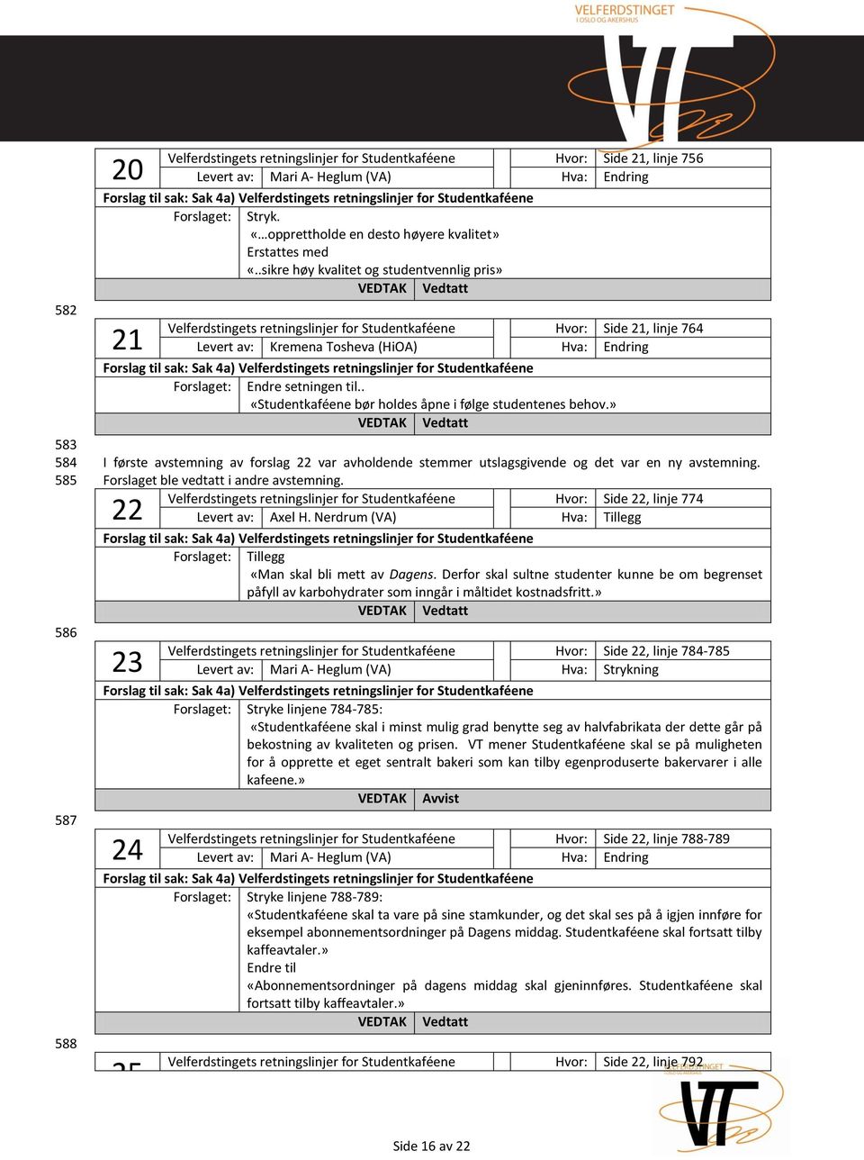 .sikre høy kvalitet og studentvennlig pris» Vedtatt 21 Velferdstingets retningslinjer for Studentkaféene Hvor: Side 21, linje 764 Levert av: Kremena Tosheva (HiOA) Hva: Endring Endre setningen til.