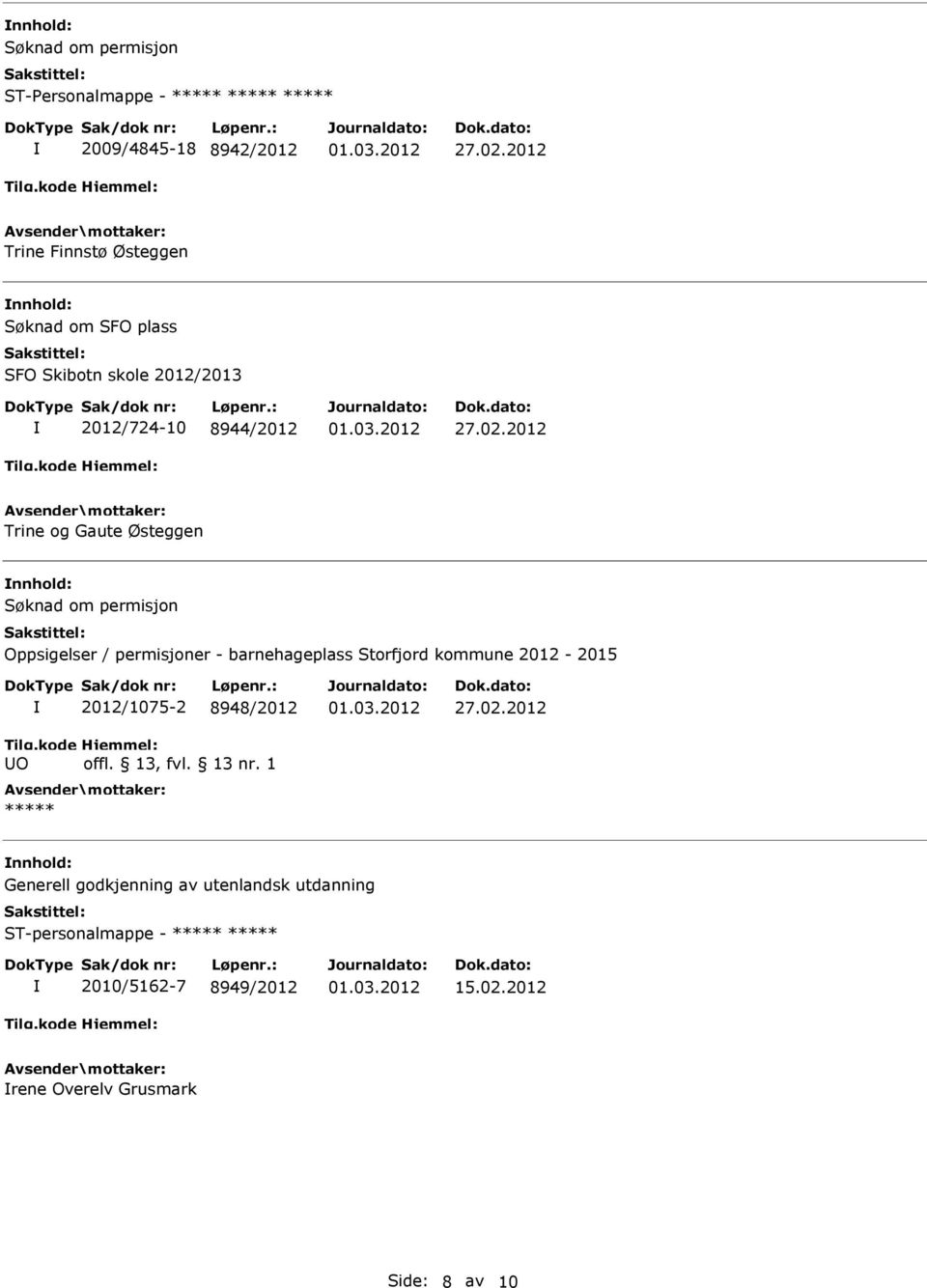 / permisjoner - barnehageplass Storfjord kommune 2012-2015 O 2012/1075-2 8948/2012 Generell godkjenning av